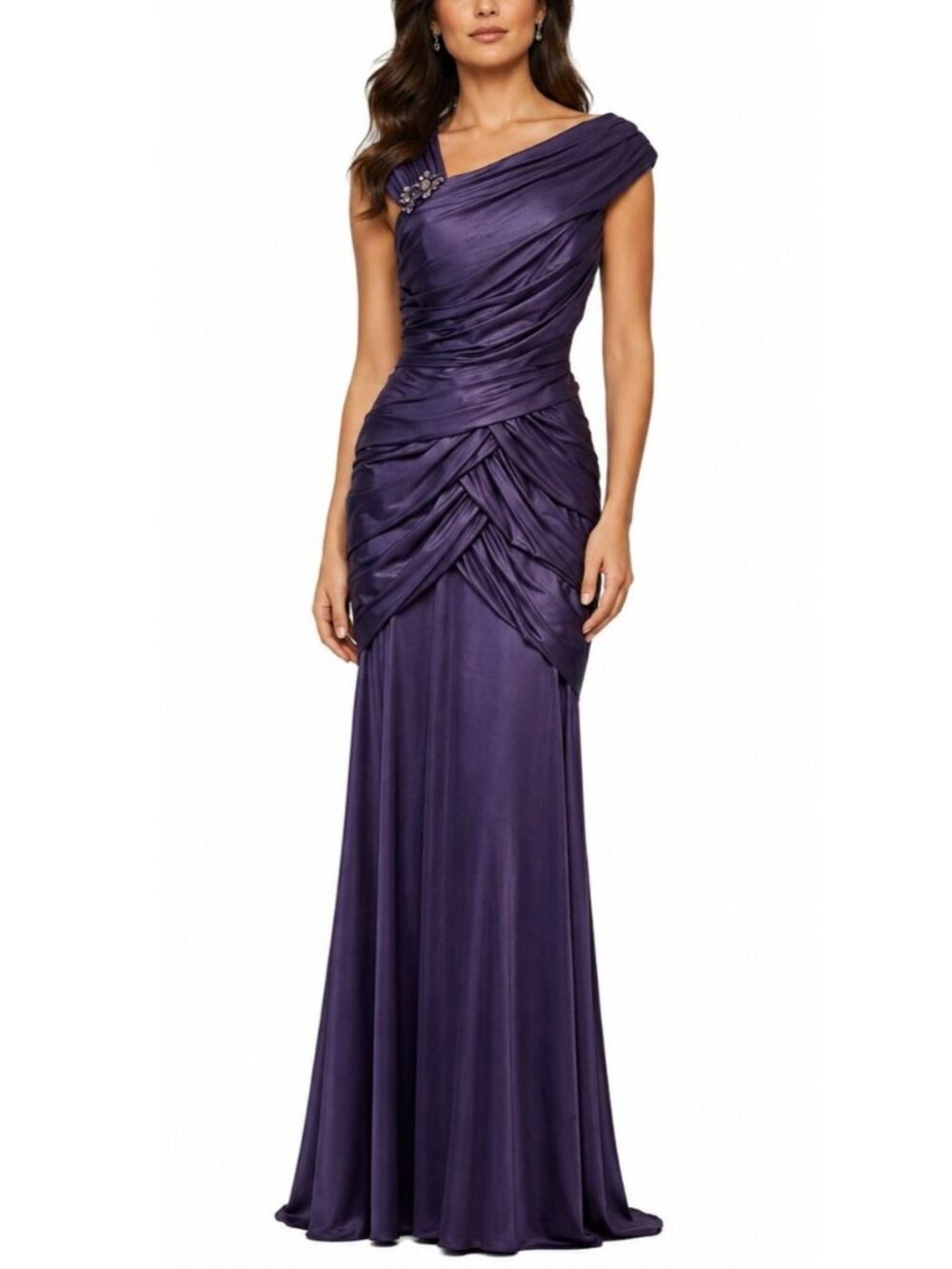 Tadashi Shoji Ruched Formal Gown Jewelled Brooch Evening Dress